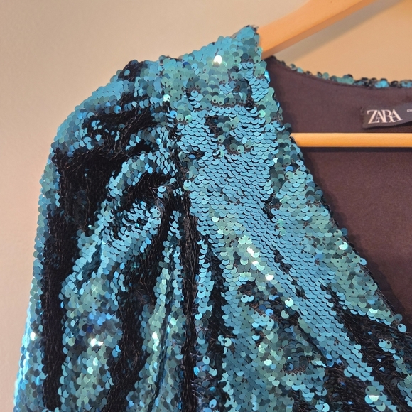 Zara Green Sequin Puff Sleeve Draped Bodycon Mini Long Sleeve Ruched Size XS - Picture 9 of 16